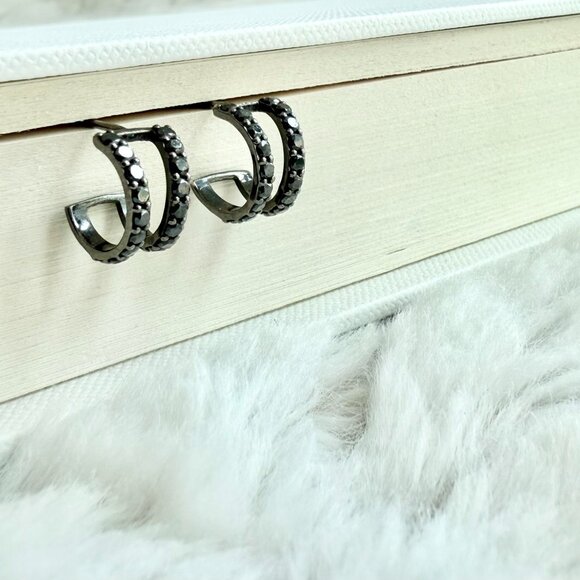 14K BLACK GOLD GEM DOUBLE HOOP EARRINGS - Picture 5 of 12